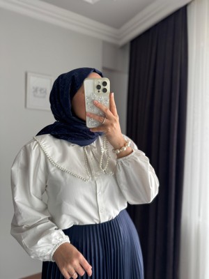 Rfk Butik Kadın Bebe Yaka Incili Etek Üstü Tasarım Gömlek - Beyaz