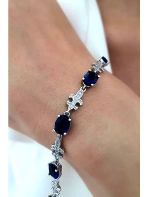 Normadia Şık Lacivert Zirkon Taşlı Gümüş Su Yolu Bileklik