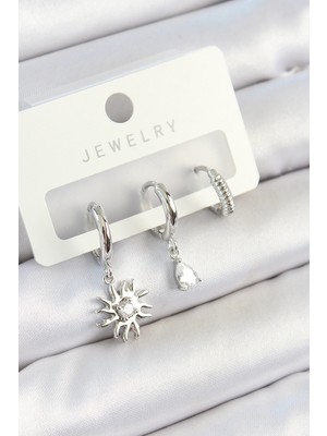 MK Beykoz Pirinç Zirkon Taşlı Güneş Model Gümüş Renk 3'lü Çift Kadın Küpe Set