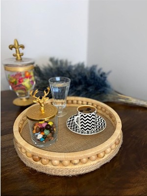 Süs Dükkanı Ahşap Boncuklu Tasarım Sunumluk Dekoratif Tepsi Modeli Çap 30CM