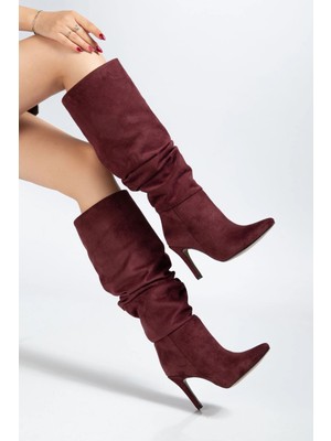 Pazarcan SYT-2003 Bordo Süet Körüklü Ince Topuklu Günlük Bayan Çizme