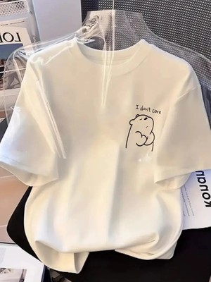 Tarz Yeri [günlük T-Shirt] Hafif Kadın Günlük T-Shirt | Bol Kesim, Kısa Kollu, Yuvarlak Yaka, Eğlenceli Karikatür Ayı ve "umrumda Değil" Baskı - Günlük Stil, Ilkbahar/yaz- Beyaz