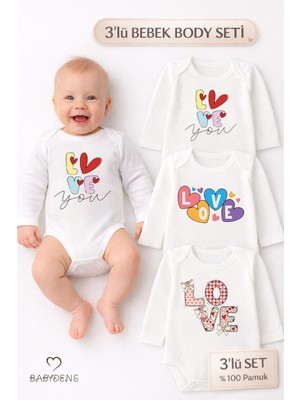 Babyden's Love Temalı 3’lü Bebek Body Seti %100 Pamuk Uzun Kollu Çıtçıtlı Bebek Zıbını 0-24 Ay