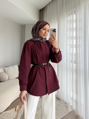 Rfk Butik Kadın Omuz Volanlı Gizli Düğmeli Bel Kemerli Gömlek - Bordo