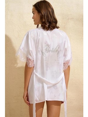 Vip Marketim Vipmarketim Saten Bride Baskılı Dantelli Sabahlık Balensiz Desteksiz Dolgusuz Bralet Sütyen ve Şort 3'lü Takım