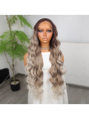 Pazarcan Rus Kumralı Beyaz Platin Ombreli Işıltılı Ekstra Uzun Fiber Sentetik Dalgalı Tül Peruk