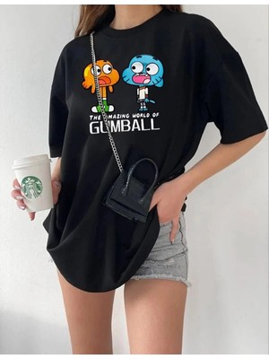 Tarz Yeri Kadın Bisiklet Yaka Baskılı Oversize T-Shirt - Siyah
