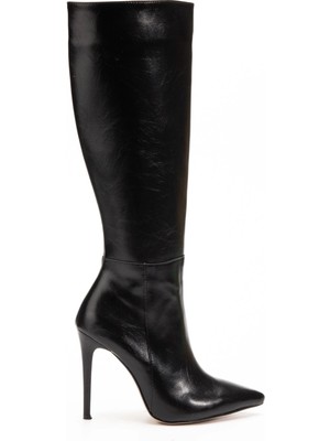 Pazarcan LS-226 Siyah Kırışık Rugan Fermuarlı Lastikli Ince Yüksek Topuklu Kadın Çizme