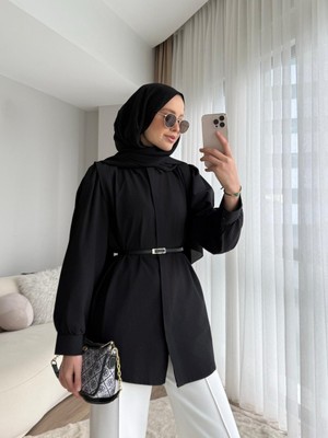 Rfk Butik Kadın Omuz Volanlı Gizli Düğmeli Bel Kemerli Gömlek - Siyah