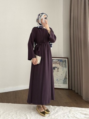 RFK Butik Kadın Belden Kuşaklı Tensel Elbise - Mürdüm