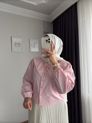 Rfk Butik Kadın Bebe Yaka Incili Etek Üstü Tasarım Gömlek - Pembe