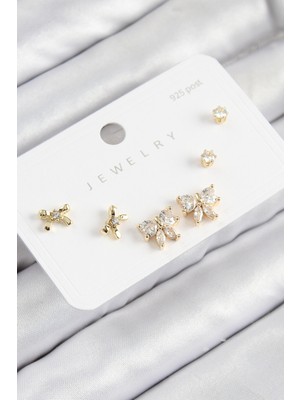 MK Beykoz Pirinç Zirkon Taşlı Fiyonk Model Gold Renk 925 Ayar Gümüş Çivi Kadın Küpe Set