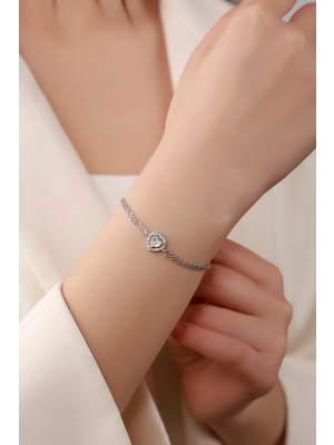 Normadia 925 Ayar Gümüş Kalpli Çift Zincir Bileklik Kadın