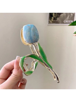 11 cm Mavi Lale Model Saç Tokası – Zarif Çiçekli Metal Mandal Toka