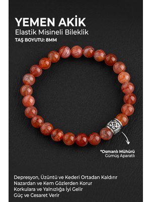 Normadia Doğal Yemen Akik 8mm Elastik Misineli Bileklik Osmanlı Mührü Gümüş Aparat