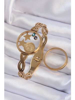 MK Beykoz 316L Çelik Altın Renk Içi Nazar Boncuk ve Yıldız Figürlü Açılabilir Fanus Kelepçe