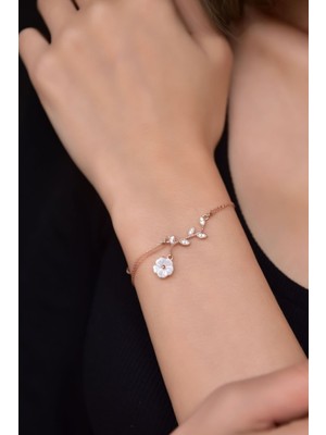 Normadia 925 Ayar Gümüş Rose Kaplama Dallı Sedef Manolya Bileklik