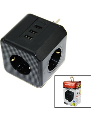 Termal Akım Korumalı  3x Priz 3x USB Duvar Tipi Priz Siyah 10A - 2500W (5477) NFSM-RSGO3456