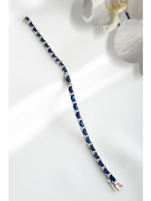 Normadia Gümüş Bileklik, Oval Taşlı, Rodyum Kaplama, Safir Zirkon, Zarif Tasarım