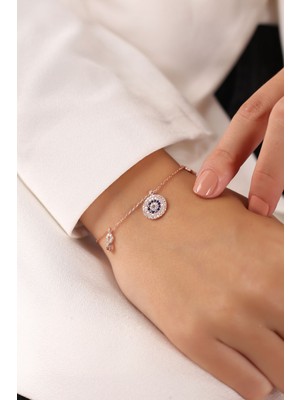 Normadia Kadınlar Için Zarif 925 Ayar Gümüş Rose Nazarlı Bileklik