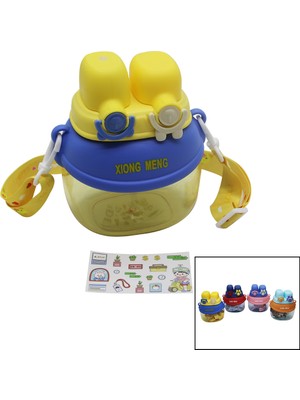 Yüz Modeli  - 2 Kilitli Kapak  Renkli Mika Kristal Suluk Matara Pipetli - Naylon Çantalı