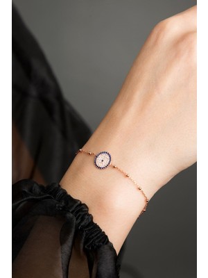 Normadia 925 Ayar Gümüş Rose Kaplama Top Zincirli Nazar Kadın Bileklik