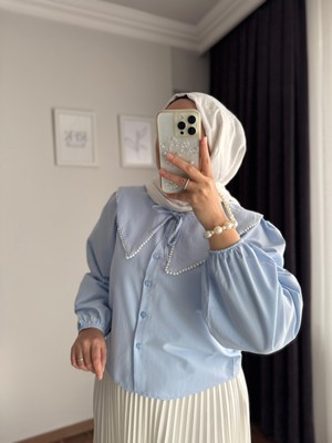 Rfk Butik Kadın Bebe Yaka Incili Etek Üstü Tasarım Gömlek - Mavi