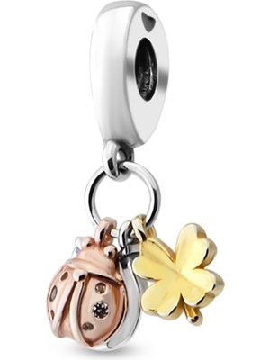 Normadia Yonca ve Uğur Böceği Detaylı Gümüş Charm Bileklik Aksesuarı