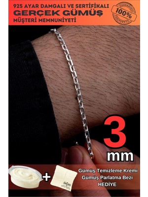 Normadia Erkek Gümüş Bileklik, 3 mm Zincir Tasarımı, Şık ve Zarif Takı