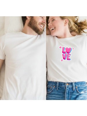 Etoile Studio Unisex %100 Pamuklu Oversize Grafik Baskılı Bisiklet Yaka Tişört Sevgili Kombini Love Pembe
