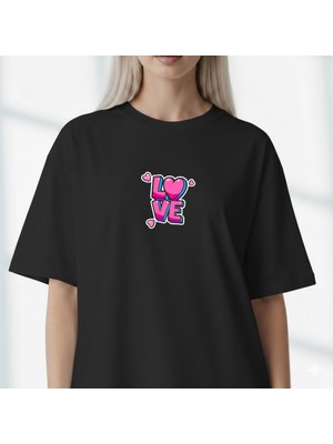 Etoile Studio Unisex %100 Pamuklu Oversize Grafik Baskılı Bisiklet Yaka Tişört Sevgili Kombini Love Pembe
