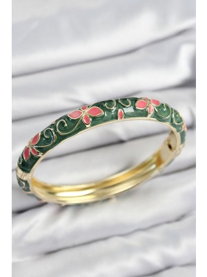 MK Beykoz Mineli Pirinç Yeşil Çiçek Motifli Gold Kadın Kelepçe