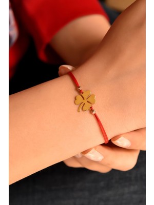 Normadia 925 Ayar Gümüş Kadın Yonca Bileklik, Kırmızı Ipli ve Altın Kaplama