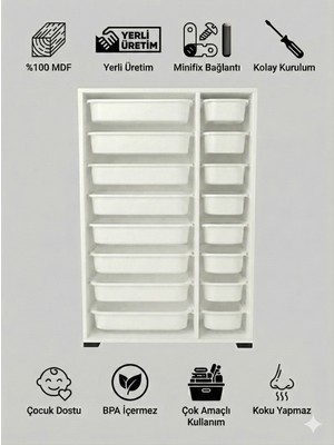 %100 Mdf Gövde Kolay Minifix Bağlantı 16 Çekmece Çok Amaçlı Oyuncak Dolabı - 16 Sepetli Beyaz Dolap