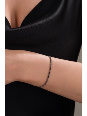 Normadia 2mm Gümüş Siyah Zirkon Taşlı Rodyumlu Su Yolu Minimal Bileklik