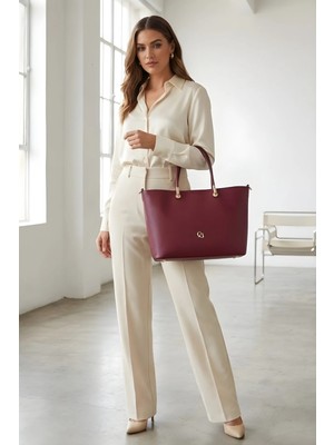 Kadın Bordo Tote Çanta, 3 Bölmeli, Ayarlanabilir Askılı, Orta Boy Omuz Çantası