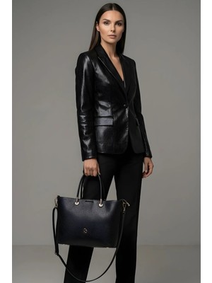 Kadın Siyah Tote Çanta, 3 Bölmeli, Ayarlanabilir Askılı, Orta Boy Omuz Çantası