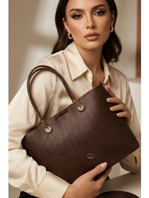 Kadın Kahverengi Tote Çanta, 3 Bölmeli, Ayarlanabilir Askılı, Orta Boy Omuz Çantası