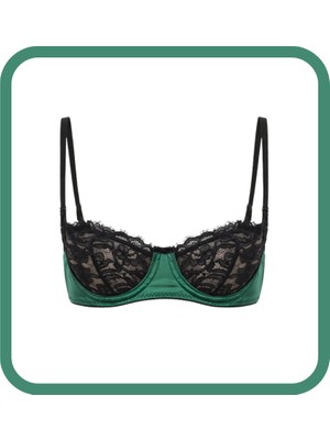 Zarvia Yeşil Siyah Saten Iç Çamaşırı Dantelli Balenli Sütyen