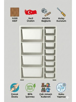 %100 Mdf Gövde Kolay Minifix Bağlantı 12 Çekmece Çok Amaçlı Oyuncak Dolabı - 12 Sepetli Beyaz Dolap
