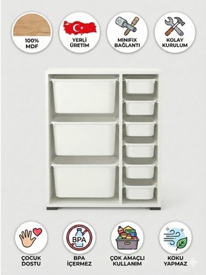 %100 Mdf Gövde Kolay Minifix Bağlantı 9 Çekmeceli Çok Amaçlı Oyuncak Dolabı - 9 Sepetli Beyaz Dolap