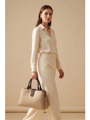 Kadın Bej Büyük Boy Omuz Çantası, 3 Fermuarlı Bölmeli, Geniş Hacimli Tote Çanta