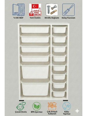 %100 Mdf Gövde Kolay Minifix Bağlantı 14 Çekmece Çok Amaçlı Oyuncak Dolabı - 14 Sepetli Beyaz Dolap