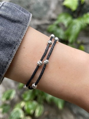 Normadia Gümüş Dorika Boncuklu ve Kazaziye Iki Zincirli Siyah Bileklik