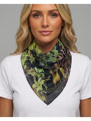 Jz Moda Egzotik Yaprak ve Vahşi Desenli Modern Fular - Saç ve Çanta Aksesuarı (50X50)