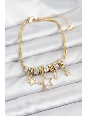 MK Beykoz Gold Renk Pirinç Yıldız Model Charmlı Kadın Bileklik