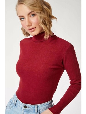 Kadın Kaşkorse Boğazlı Full Likralı Fitilli Body Kazak - Bordo