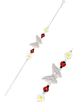 Normadia Zirkon Taşlı Papatya ve Uğur Böceği Gümüş Bileklik