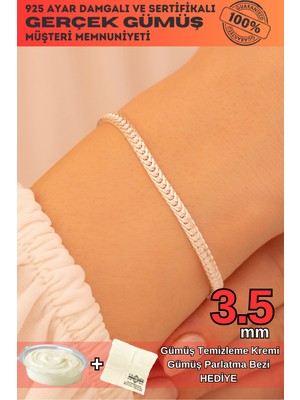 Normadia Şık Kadın Gümüş Bileklik, Yassı Beyaz Tilki Kuyruğu Zincir