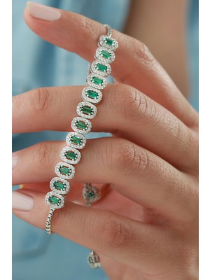 Normadia 925 Ayar Gümüş Yeşil Taşlı Zarif Asansörlü Bileklik